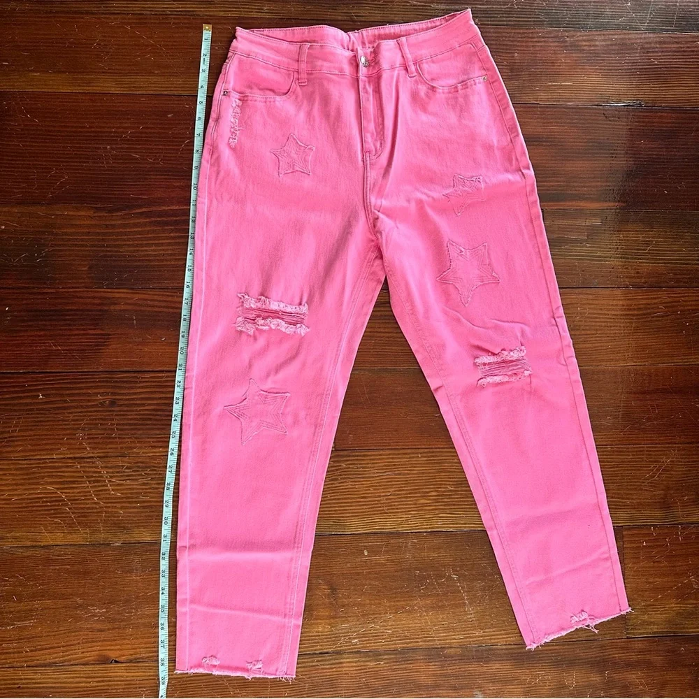Pink Ankle Cropped Distressed Jeans